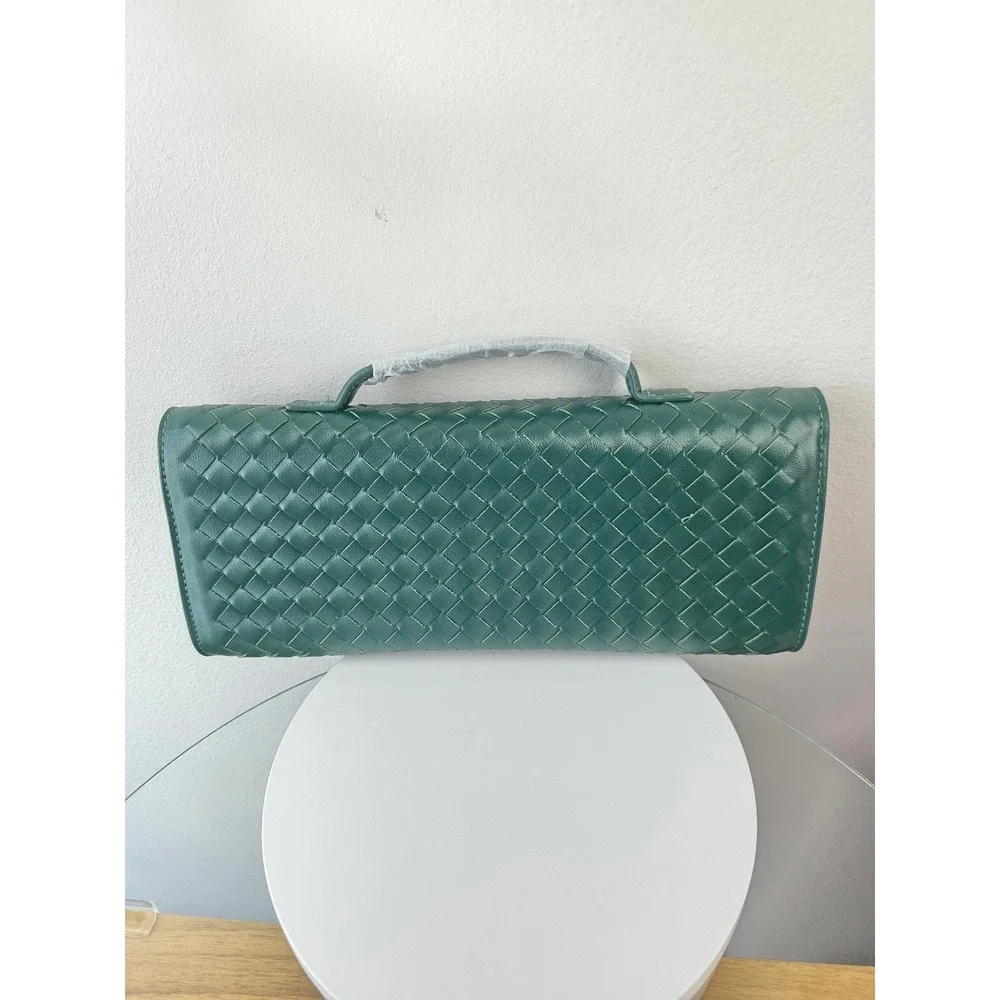 Woven Forest Green Vegan Leather Crossbody Clutch Bag with Knot Lock New
